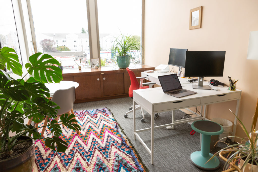 private office at vida coworking that has a desk, laptop, colorful rug and live plants