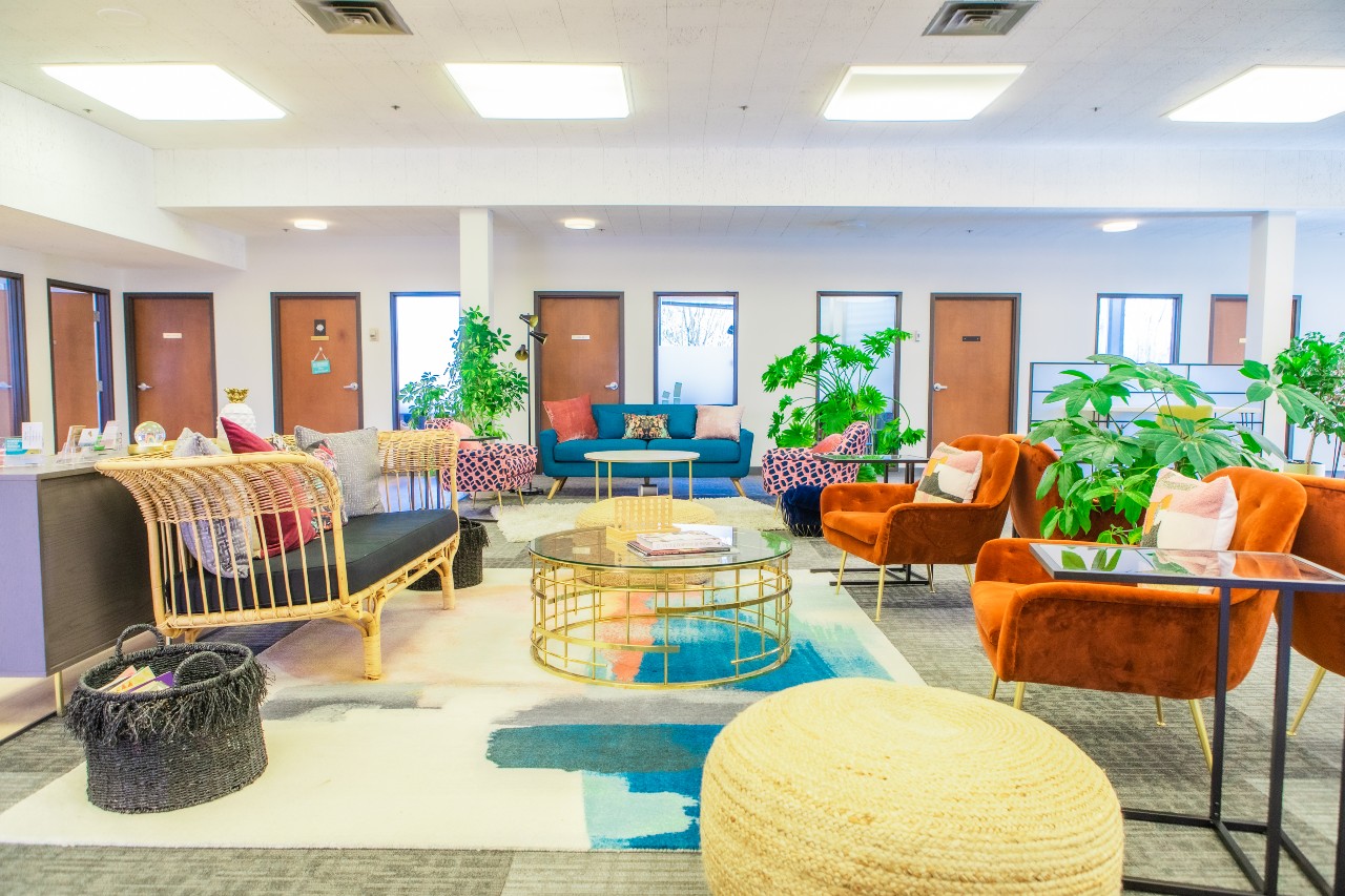 colorful furniture in a sitting area within vida coworking in portland or