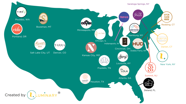 A map of the US with women's coworking spaces marked on it. The map prominently features VIDA as Oregon's coworking space.