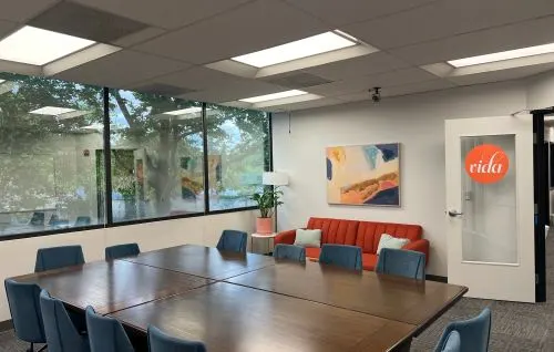 A bright conference room with lots of seating