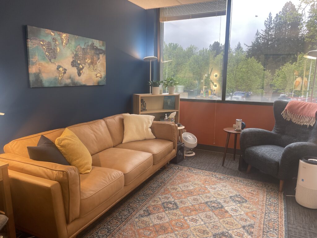 A large private space with deep blue walls and a leather couch