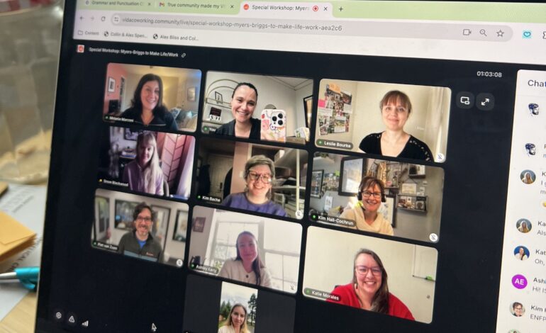 A laptop screen with a video call featuring 10 different participants