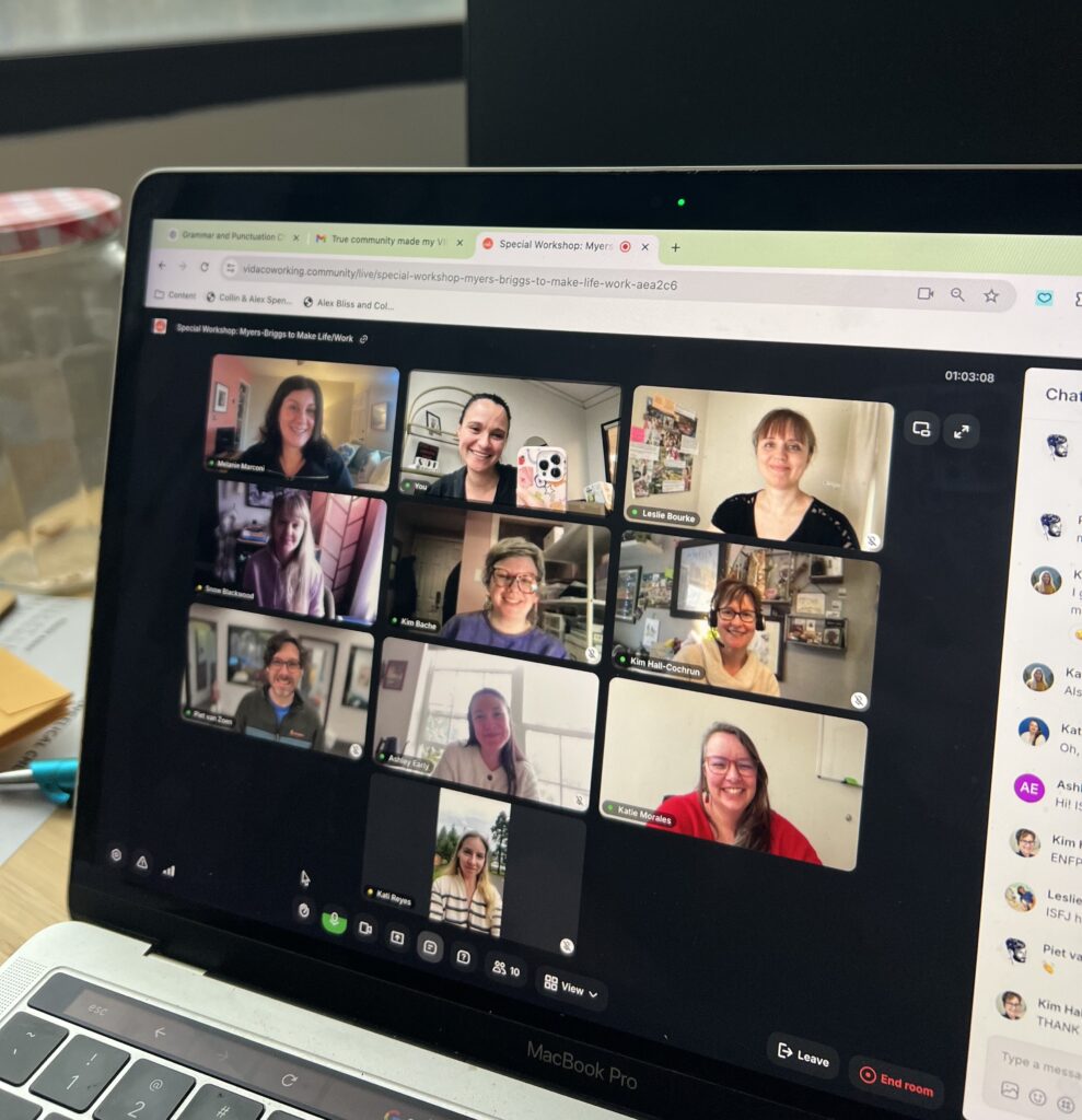 A laptop screen with a video call featuring 10 different participants